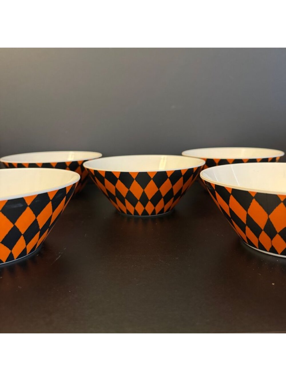 Set Of 5 Halloween Melamine Bowls With Orange & Black Diamond Design